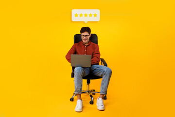 Poster - Businesssman Using Laptop Approving Website With Five Star Review, Collage