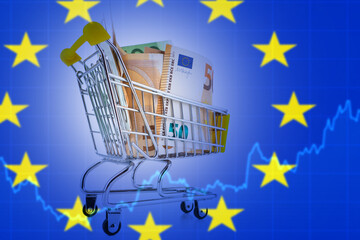 Poster - Economic European union. Euros in supermarket trolley. Financial chart. Concept of inflation in Europe. Rising prices in European alliance. Increased purchasing power in EU. Economic crisis. 3d image