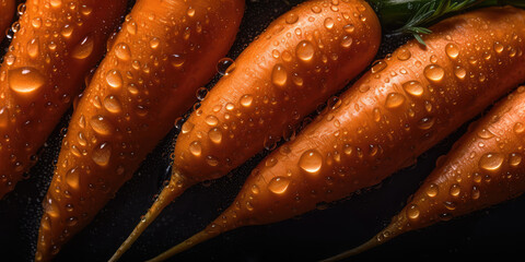 Wall Mural - Close-up of washed clean carrots in water drops on black surface background, top view. Carrot wallpaper for health food store, fresh vegetables. Generative AI professional photo imitation.