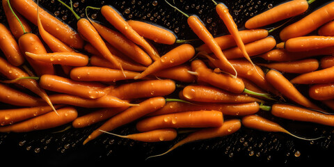 Wall Mural - Lots of washed clean carrots in water drops on black surface background, top view. Carrot wallpaper for healthy food store, fresh vegetables. Generative AI professional photo imitation.