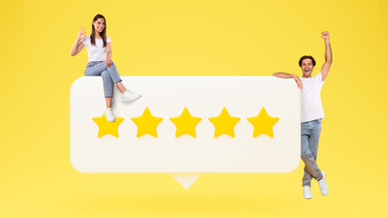 Poster - Couple Posing With Five Stars Rating Icon Over Yellow Background