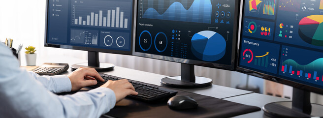 Poster - analyst working on data analysis or bi dashboard on computer monitor. businessman analyzing financia
