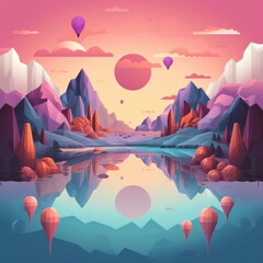 Wall Mural - A lake with hot air balloons floating over it. Generative AI image.