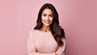 © wetzkaz - young adult beautiful brunette woman wears a pink pastel style sweater, beauty pretty and comfortable clothes, portrait, front view, close-up