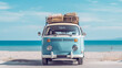 © wetzkaz - blue car van for summer travel with luggage on the roof, road trip and trip and journey and travel, vacation to the summer sandy beach at the ocean, sea view, clear water