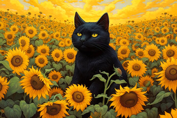 A black cat sitting in a field of sunflowers. Generative AI