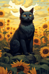 A black cat sitting in a field of sunflowers. Generative AI