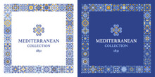 Square Frame Template With Azulejo Mosaic Tile Pattern, Blue, White, Yellow Colors, Floral Motifs. Mediterranean, Portuguese, Spanish Traditional Vintage Style. Vector Illustration