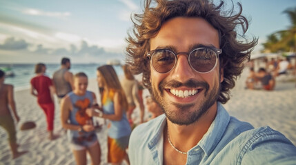 Wall Mural - young adult man with friends in group on sandy beach in tropical, by the sea, beach, fictional place