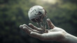 © wetzkaz - abstract evolution, male hand with six 6 fingers, abstract technological brain with connections as artificial intelligence in shape of planet earth, white skin, white robot