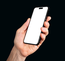 Poster - Lodz, Poland May 14 2023 hand holding iphone 14 pro smart phone mockup, screen mock-up isolated on white background