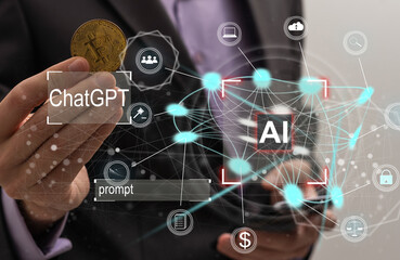 Aufkleber - Businessman touching the brain working of Artificial Intelligence (AI) Automation, Predictive analytics, Customer service AI-powered chatbot, analyze customer data, business and technology