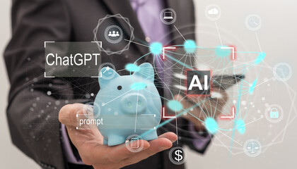 Poster - Startup business concept, Businessman holding tablet and icon transparent rocket is launching and soar flying out from screen with network connection on dark blue modern background.
