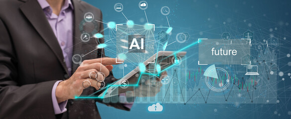 Aufkleber - Business interface mixed media double exposure financial chart graph diagram and icon on virtual screen. Innovation concept.