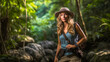 young adult woman in tropical jungle, backpacker, adventures of a female tourist, adventure tourism in nature, fictional place