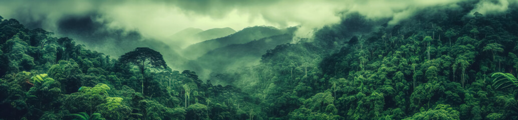 foggy landscape in the jungle. fog and cloud mountain tropic valley landscape. aerial view, wide mis