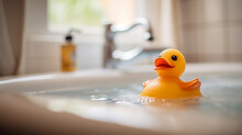 Yellow Rubber Duck In The Bath Water In The Bathtub, Rubber Duck