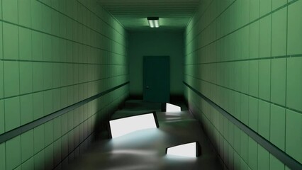 Aufkleber - Glowing screens in water. Design. 3D corridor with water and glowing screens. Stylish futuristic animation with 3d corridor and water. Flooded hospital corridor