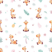 Giraffes Seamless Pattern, Nursery Adorable Fabric Print. Children Giraffe Characters, Baby Animals Background. Jungle Nowaday Vector Texture Design