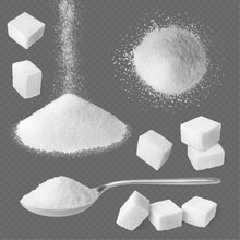 Realistic White Sugar, Heap Salt And Sugar In Metallic Spoon. Sugaring Cubes And Pile, Sweet Sand For Food, Cooking And Bakery. Pithy Vector Set