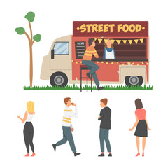 Poster - Young Man and Woman Buying Street Food in Truck Vector Illustration Set