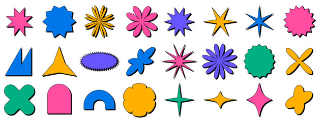 Poster - Geometric figures in the style of brutalism. Trendy geometry. Crowns and stars and daisy flowers. Set with different shapes. Neubrutalism vector pack elements for ui ux and social media