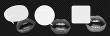 A Set Of Speech Bubbles With Black And White Collage-cut Lips From A Magazine. Retro Elements For The Design. Scream Of A Woman. Vector Objects On Transparent Background As Png