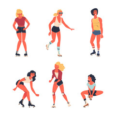 Wall Mural - Retro Dressed People Roller Skater Roller Skating and Smiling Vector Set