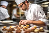 male master chef chocolatier working in artisanal professional chocolate laboratory, AI Generative