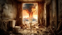 Destruction Of A Bathroom Toilet In The Middle Of A Cataclysm Event Generative AI Illustration