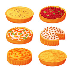 Sticker - Baked Pie Made from Pastry Dough with Sweet Fruit Filling and Cream Vector Set