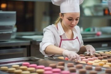 Wall Mural - female master chef chocolatier working in artisanal professional chocolate laboratory, AI Generative