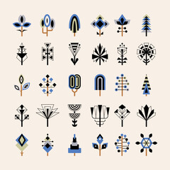 Poster - geometrical plants. trees bushes leaves flowers different shapes recent vector stylized plants