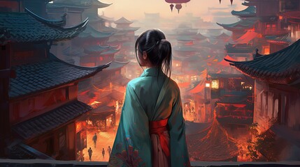 Wall Mural - pretty woman standing on high place with ancient China kingdom cityscape scenery, Generative Ai