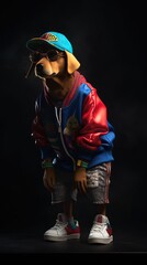 Hip Hop dog portrait in dark room, Generative Ai