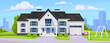 Landscape view of a suburban house. Cartoon illustration of a modern residence with a For Sale sign in front of a white house. Vector concept to showcase urban real estate in an American neighborhood