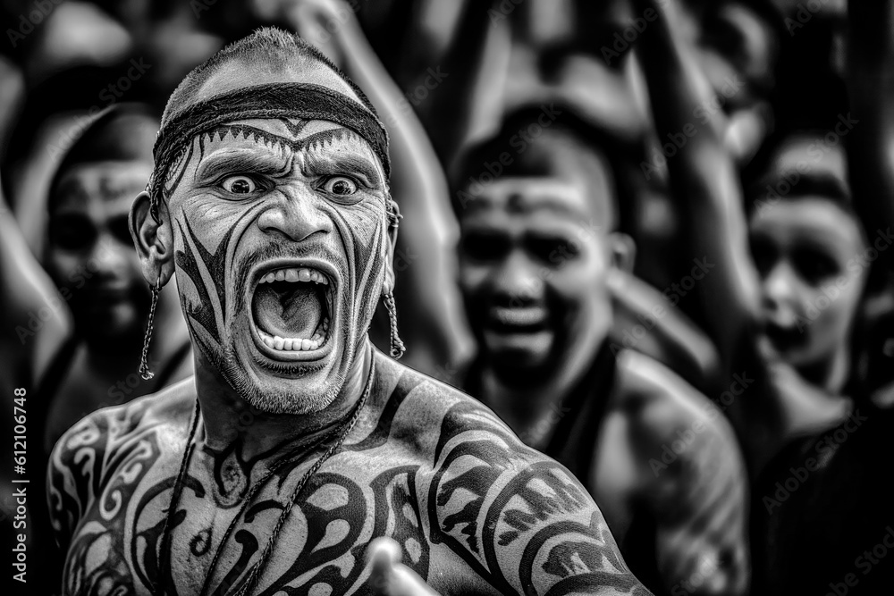 Tane Rangatira Black and White Photograph of a Traditional Rangatira Dance Haka ...