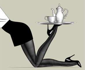 Legs of waitress in pantyhose and high-heeled shoes holding a round tray with coffee or tea pot and cup. Vintage engraving stylized drawing. Vector illustration