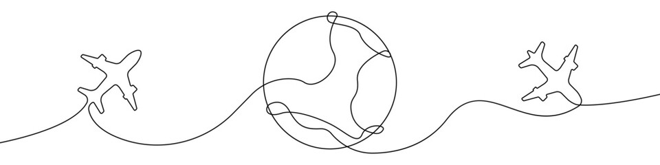 Poster - planet and planes icon line continuous drawing vector. one line planet and planes icon vector backgr