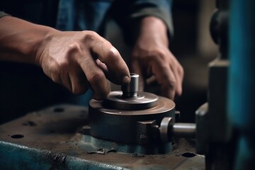 Poster - The man is working with a lathe in the factory. The concept of manufacturing. Professional industrial workers hands close up view, AI Generated