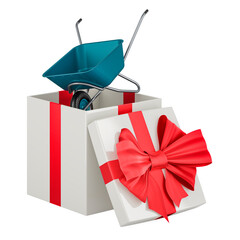 Poster - Garden wheelbarrow inside gift box, 3D rendering