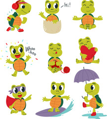 Sticker - Cartoon turtles, walking comic turtle. Happy funny tortoise various poses. Cute sea animal rest and jogging, hobby and love classy vector characters