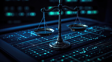 law scales on background of data center. digital law concept of duality of judiciary, jurisprudence 