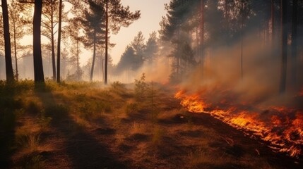 Wall Mural - Forest fire in the forest. The concept of disaster and ecology, Burning dry grass and trees in the forest.Generative Ai