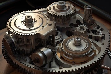 Poster - Close up view of the mechanism of an old gearbox. 3D rendering, Realistic gear set in an engine, AI Generated