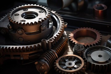 Poster - Gear wheel and gearbox on a dark background. Selective focus. Realistic gear set in an engine, AI Generated