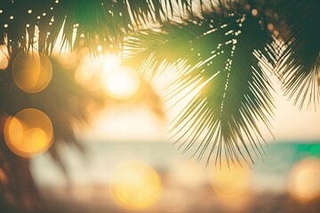 Sticker - Blur beautiful nature green palm leaf on tropical sunset beach with bokeh light wave abstract background. Summer vacation and business trip idea copy space. Vintage tone filter color Generative AI