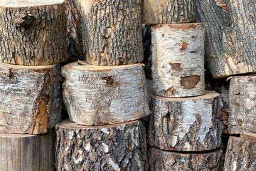 Poster - Background of stacked chopped wood logs. Pile of wood logs ready for winter. Wooden stumps, firewood stacked in heap