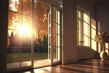 An Vacant Room With An Opening Glass Door, Windows That Let In Morning Sunshine, A Balcony With A Garden View Of Trees, And A Warm, Peaceful Interior Design Idea. Generative AI
