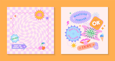 Wall Mural - Vector templates with patches and stickers in 90s style.Modern emblems in y2k aesthetic with chess backgrounds.Trendy funky designs for banners,social media marketing,branding,packaging,covers